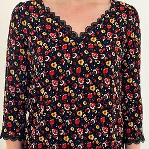 Sezane Lace Trimmed Floral 3/4 Sleeve Top FR 36/US 4